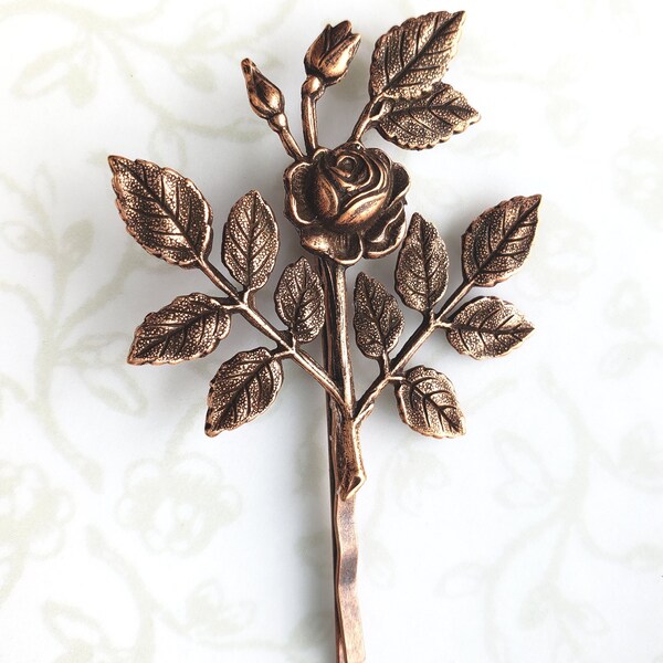 CLEARANCE - Copper Rose Blossom and Leaves, Branch, Rustic Hair Pin, Bobby Pin, Beauty and the Beast Rose, Woodland, Garden Wedding, Vintage