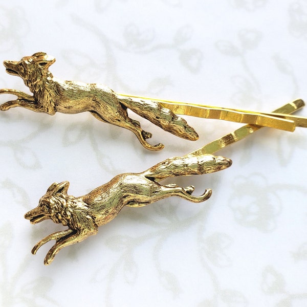 Gold Fox Hair Pins, Set of Two, Rustic Woodland Creature, Bobby Pins, Forest, Wedding Hair, Bridal, Animal Lover, Wolf, Dog