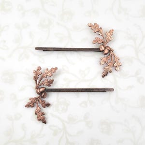 Copper Oak Leaves and Acorn Hair Pin, Fall Bobby Pin, Woodland, Rustic, Autumn Garden Wedding Hair Clip, Vintage Bridal Hair, Forest.0/0/