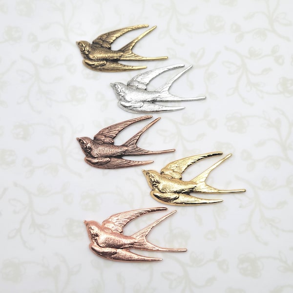 Flying Bird Brooch Pin, 5 Finishes Available; Antiqued Gold Brass, Silver, Rose Gold, Copper, Gold. Swallow, Woodland, Garden, Wedding, Wing