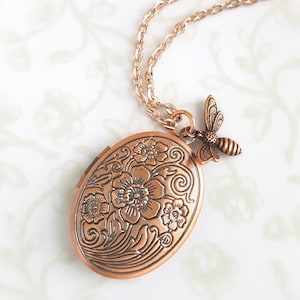 Floral Bee Locket in Matte Rose Gold, Necklace, Oval Photo Locket, Hidden Message, Boho, Rustic, Queen Bee, Sweet As Can Bee, Valentines Day
