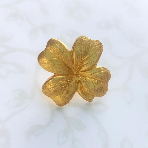 Four Leaf Clover Lapel Pin, Gold Raw Brass, Lucky St. Patrick's Day, Shamrock, Woodland, Brooch, Nature Garden Wedding Boho Rustic