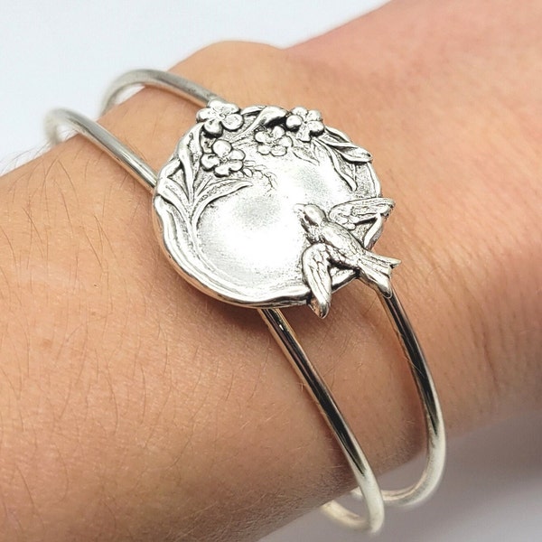 Silver Bird and Flower Cuff Bracelet With or Without Locket, Garden, Woodland, Nature, Bridal, Mother's Day, Flying Bird, Hidden message