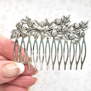 Silver Rose Blossom and Leaves Hair Comb, Bridal Hair Comb, Rose Garden Wedding, Woodland, Bridesmaids, Feminine, Romantic, Bride