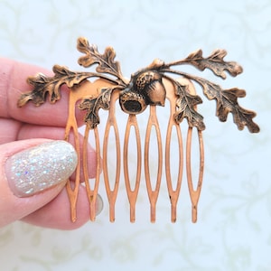 Copper Oak Leaves and Acorns Hair Comb, Small Elegant Fall Bridal Hair Comb, Matte Rose Gold, Autumn Woodland, Bride, Garden Wedding, Rustic