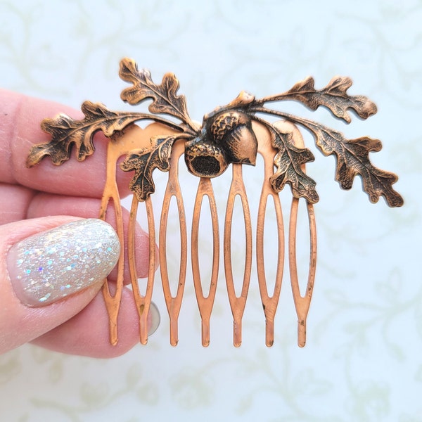 Copper Leaves and Acorns Hair Comb, Small Elegant Fall Bridal Hair Comb, Matte Rose Gold, Autumn Woodland, Bride, Garden Wedding, Rustic