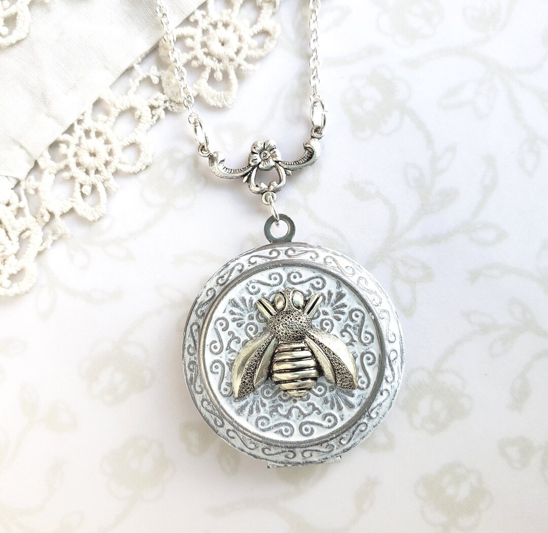 Elegant Bumble Bee Locket, White Shabby Chic Patina on Silver, Garden ...