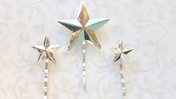 Silver Shiny Star Hair Pins Set Of 3 Graduated Sizes Etsy