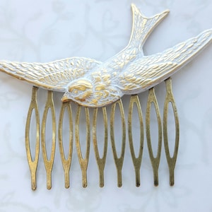 White Patina Bird Hair Comb Gold Brass Bridal Hair Comb, Flying Swallow, Shabby White Bird, Woodland Wedding Boho Romantic