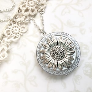 Sunflower Locket Necklace, Silver with White Patina, You Are My Sunshine, Layering Photo Locket, Hidden Message, Summer Wedding