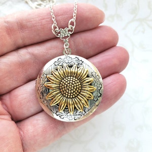 24k Gold Sunflower on Silver Locket Necklace, Photo Locket, Hidden Message, Summer, Wedding, You Are My Sunshine, Fall, Autumn
