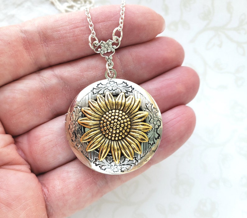 Silver Locket Sun 24k Gold Sunflower on Silver Locket Necklace, Photo Locket, Hidden ...