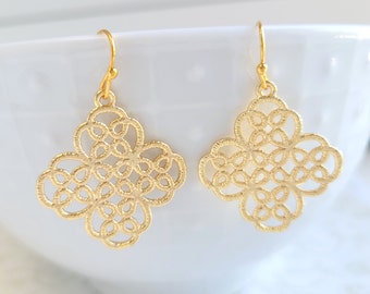 Gold Filigree Lace Earrings, Romantic Wedding Bridal Jewelry, Love Knot Earrings, Irish, Bridesmaid Gift