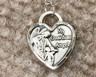 Guardian Angel Silver Heart Pendant With Chain