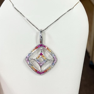 Rainbow Sapphire And Ruby White Gold Pendant And Chain