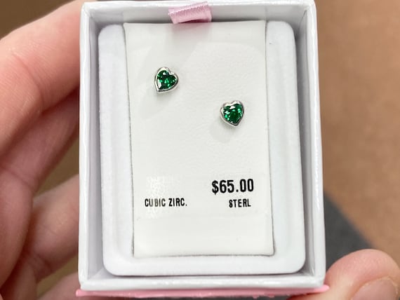 ピアス Baby Heart Green Earrings Baby 14K Gold Bezel Heart Earrings with Emerald Green CZ and