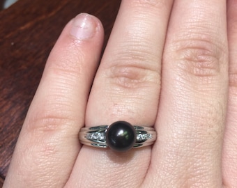 Black Pearl And Diamond 14K White Gold Ring