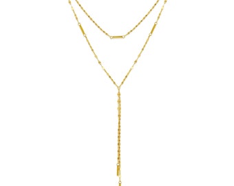 14K Yellow Gold Double Layer Adjustable Y Lariat Necklace