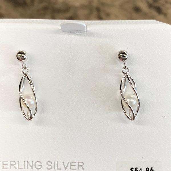 Sterling Silver Caged Fresh Water Pearl Dangle Earrings