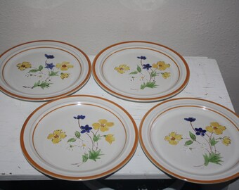 Set of 4 PEGGY floral plates hand painted Korea Casual Classic Stoneware 404 Blue Yellow Flowers