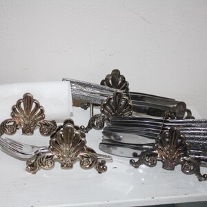 Ornate Metal Cutlery Holder Set: Silver Knife & Napkin Display