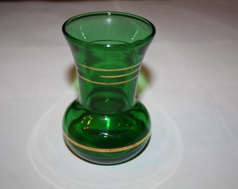 Vintage Emerald Green Glass Vase: Gold Stripe Bud Vase