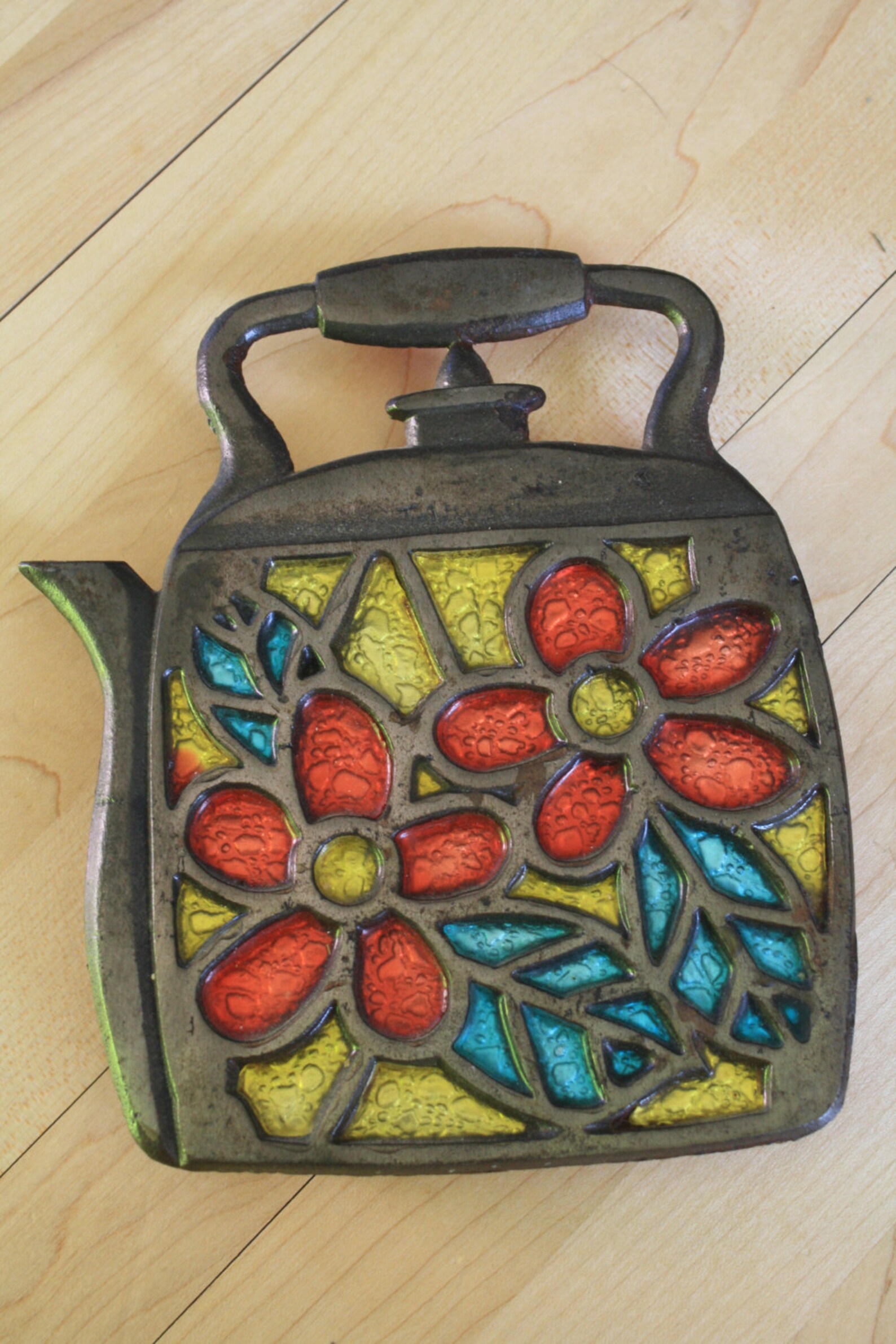 Cast Iron Trivet Hot Plate Tea Kettle with Stain Glass Green Etsy