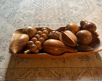 Wooden Carved Fruit Bowl Centerpiece Vietnam Wood Apple Banana Pear Mango Grapes