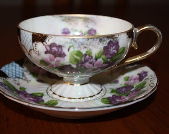 Vintage China Tea Cup Saucer Set Purple Pink Floral Gold Trim FREE Shipping