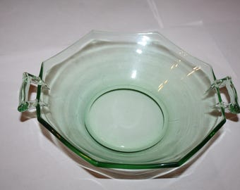 Green glass small serving bowl double handled depression glass indiana octagon shaped with handles