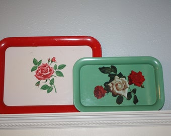 RED Metal Tray Rose Roses Floral Flower Serving Tray Flower Farmhouse Kitchen Decor