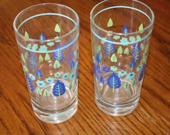 Set of glasses tumbler blue floral drinking glass green tree