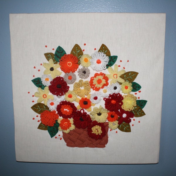 Vintage Bouquet of Flowers Basket of Flowers NEEDLEWORK Wall Art Crewel