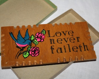 Wood Plaque LOVE NEVER FAITETH painted Small wall hanging