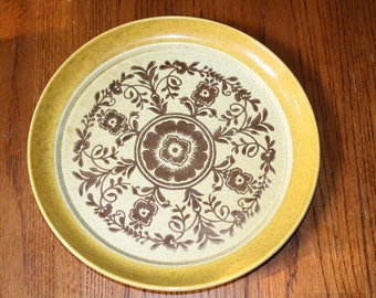 Vintage Golden Yellow Brown Floral Dinner PLATE Mustard Yellow Black Floral Design Stoneware International Silver Co USA