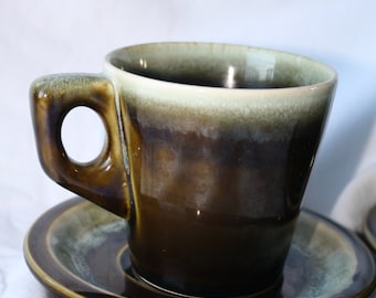 Vintage CUP and SAUCER Set Green Drip Glaze Dishes Pfaltzfraff
