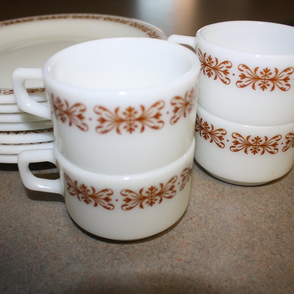 Vintage PYREX White Milk Glass CUP with Brown Scroll Filigree