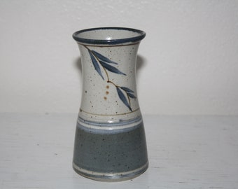 Vintage Vase Pottery Clay Blue Gray Stamped Vase striped leaves