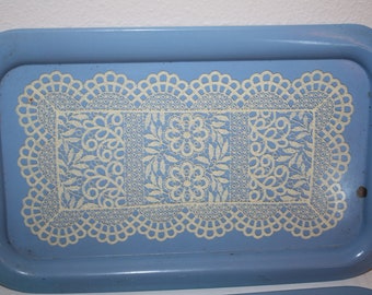 Blue Metal Tray Serving Lace Doily