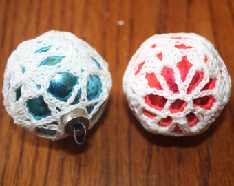 Vintage Christmas Ornament Ball Crochet Covered Lace covered balls Handmade Crocheted