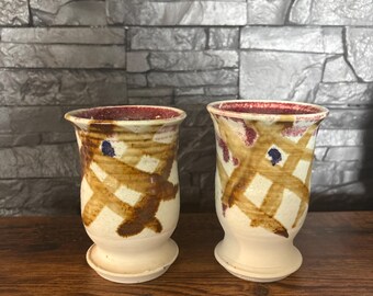 pottery tumbler set drinking glass vase pedestal cream brown red maroon purple