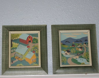 set of 4 framed art pieces folk art farm scenes Country town Community Barn