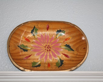 Wood Bowl Hand Painted with Flower Floral design Mexico La Minita