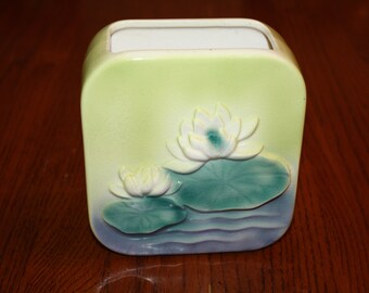 Green Blue Water Lily Pad White Lily Lotus Planter Pot Square Vase Royal Copley Pottery 1960s