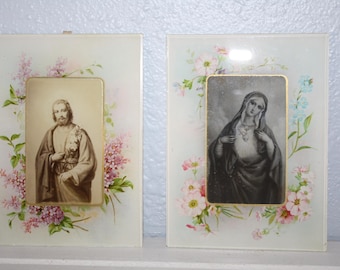 Vintage Religious Art Mary Sacred Heart Saint St Joseph Lilies Lily Wall Hanging Glass floral