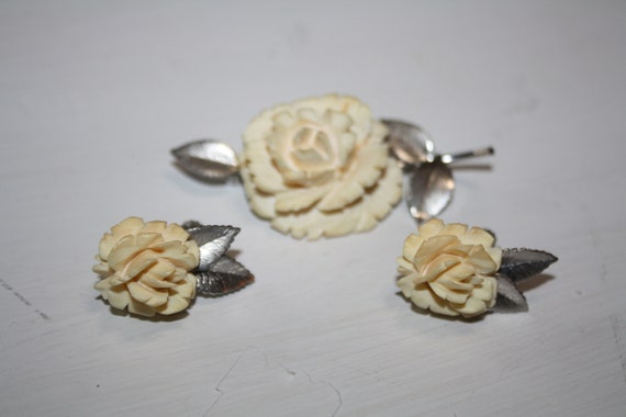 Brooch Clip Earrings Set Rose White Cream Roses R… - image 2
