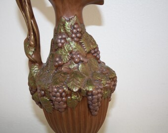 Arnel's PITCHER Brown ceramic jug vase grapes vines leaves