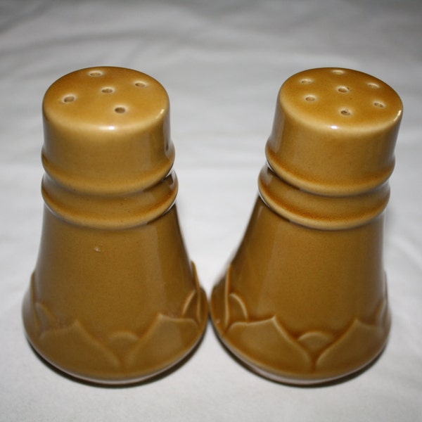 Vintage Golden Seville Salt and Pepper Shakers  Mustard Yellow Brown Design Stoneware