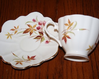 Royal Imperial Vintage China Tea Cup Saucer Set Fall Leaf Leaves Pink floral Gold Trim Bone China England FREE Shipping