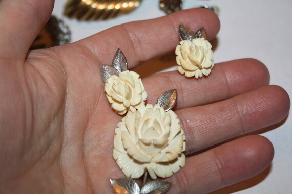 Brooch Clip Earrings Set Rose White Cream Roses R… - image 4